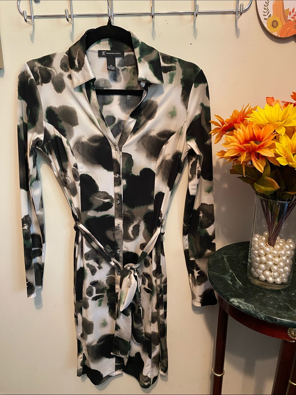 INC International Concepts Green & Black Abstract Print Long Sleeve Dress Sz XS